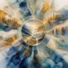 a watercolor wash background in blues, creams, golds, and whites over which is placed a conceptual image of "Lensing" -- a theory and framework that deals with the dimension contained in the following quote: "In linguistics, philology specifically, there is a layered landscape wherein the dialectic, historical, national, regional, religious, cultural, societal, and familial environment of language rests, and from which variants of language (and thus, its meaning when used) grow."