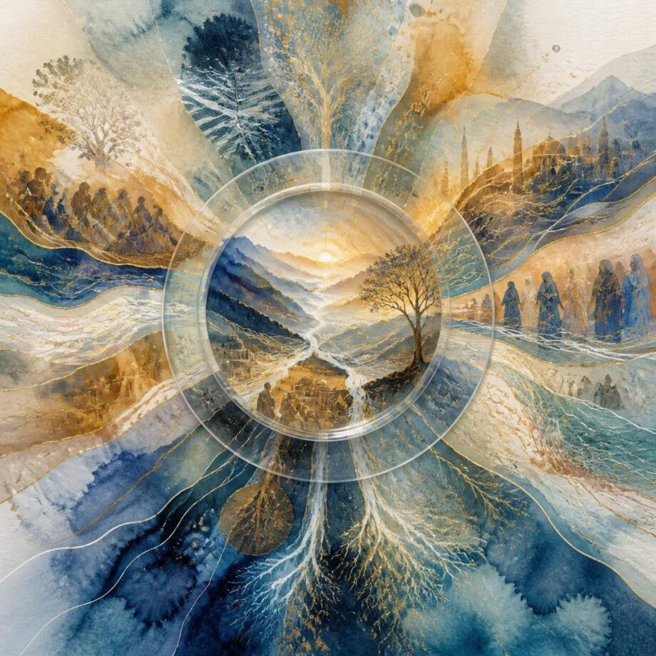 The origins of Lensing© a watercolor wash background in blues, creams, golds, and whites over which is placed a conceptual image of "Lensing" -- a theory and framework that deals with the dimension contained in the following quote: "In linguistics, philology specifically, there is a layered landscape wherein the dialectic, historical, national, regional, religious, cultural, societal, and familial environment of language rests, and from which variants of language (and thus, its meaning when used) grow."