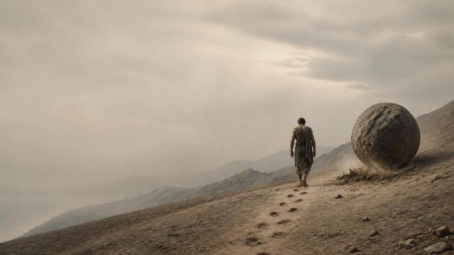 No More This Life A lone man identified as Sisyphus walks uphill across a barren, rocky slope, leaving footprints in the dusty path. A massive, rough boulder rests beside him on the incline. Hazy mountains stretch across the distance beneath a pale, overcast sky.