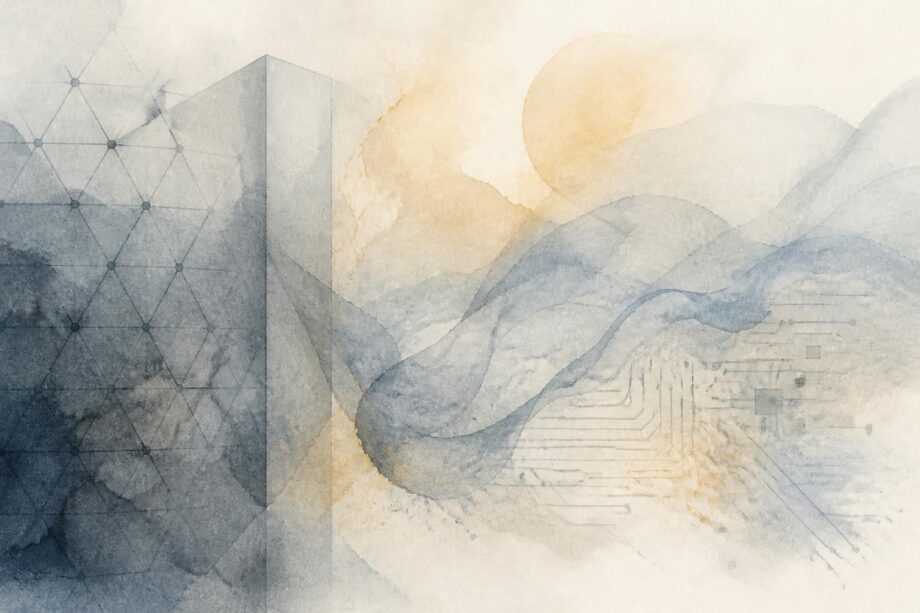 Soft watercolor feature image in muted blue, gray, and pale amber tones. Abstract geometric lattice and faint circuit-like lines dissolve into translucent washes over paper texture, suggesting tension between technology, ethics, and restraint. No people, no text, no logos.