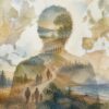 A soft watercolor illustration of interwoven migration paths across a pale map-like background, with muted earth tones, faded blues, umbers, and warm grays suggesting Europe and North America through abstract land, river, and horizon shapes.