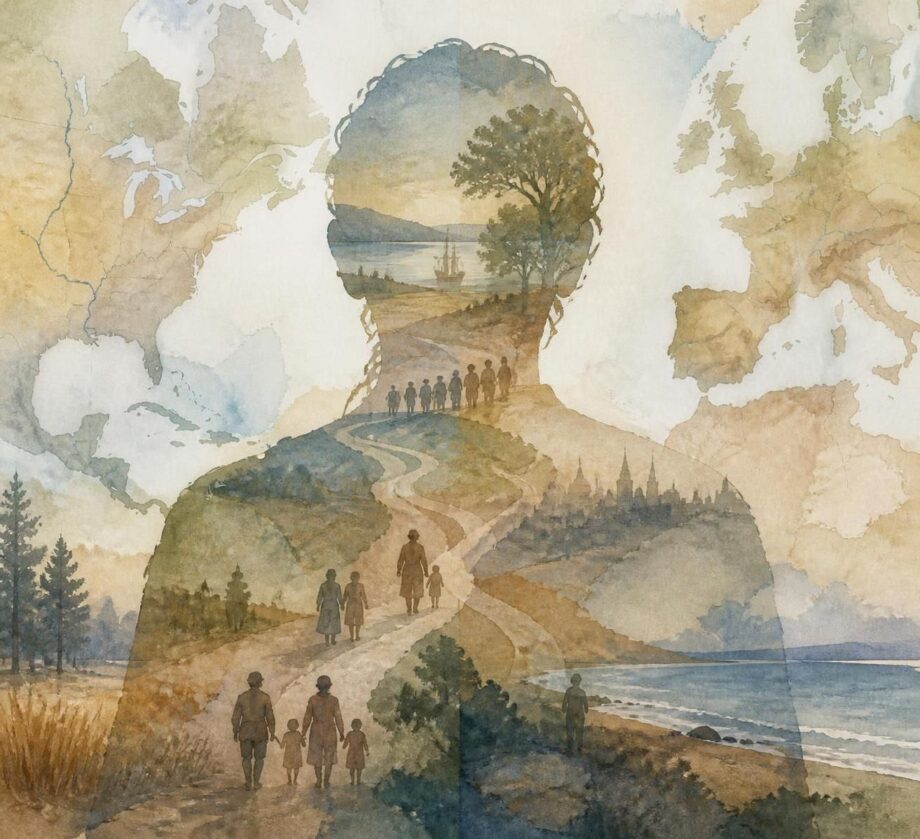 A soft watercolor illustration of interwoven migration paths across a pale map-like background, with muted earth tones, faded blues, umbers, and warm grays suggesting Europe and North America through abstract land, river, and horizon shapes.