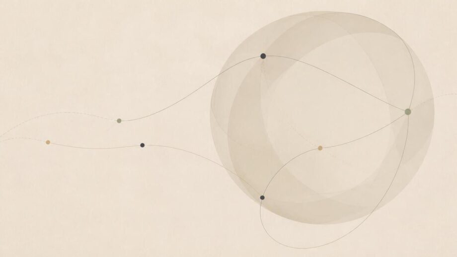 Abstract editorial illustration on a warm off-white background: a few small, muted shapes are linked by fine lines, while a larger translucent form partially surrounds and outweighs them. Soft charcoal and sage accents, generous negative space, and a matte finish create a quiet, understated mood. The composition suggests interdependence, concentrated power, and human agency in the age of AI. No text or recognizable objects.