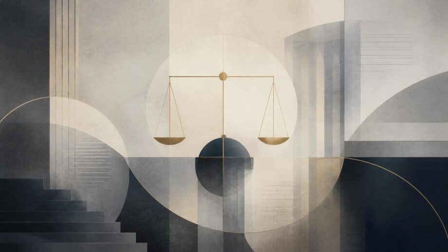 Abstract editorial illustration in a wide landscape format, using layered translucent geometric forms to suggest balance and institutional architecture. Soft charcoal, muted navy, warm ivory, and subtle gold accents create a restrained, serious tone, with gentle gradients and delicate paper grain. No people, text, logos, or flags.