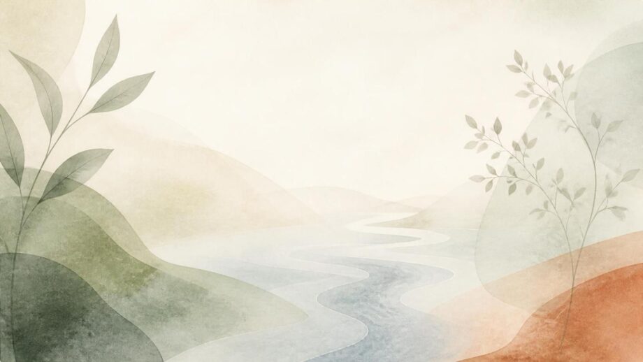 A wide, text-free abstract feature image in warm ivory, muted sage green, misty blue, and a subtle touch of terracotta. Soft, translucent shapes flow across the composition like leaves or water, with delicate paper grain and gentle natural light. The spacious, balanced design feels peaceful and contemplative, evoking renewal and personal growth.