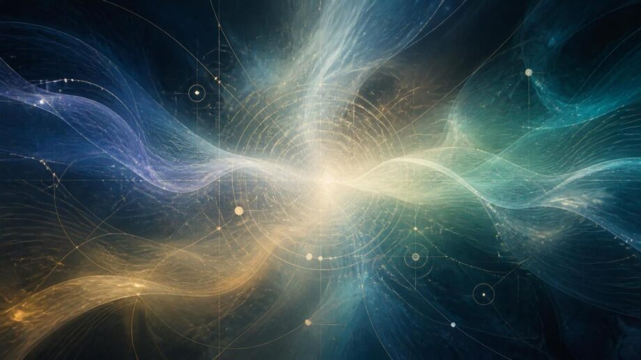 Abstract illustration of many translucent colored lines and geometric forms emerging from different parts of a deep indigo and teal field, converging toward a softly glowing center in warm ivory and gold. The distinct paths suggest different systems of thought meeting in shared understanding, while the central light evokes the search for universal truth and clarity.