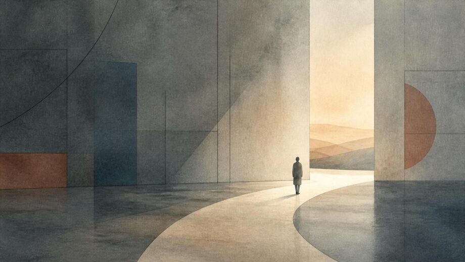 Abstract editorial image in muted slate blue, warm gray, cream, and terracotta. A small, softly outlined human figure stands in a quiet, geometric institutional space. Faint lines suggest structure and constraint, while an opening of warm light and a clear path suggest autonomy, choice, and possibility. The restrained, paper-textured style is calm and respectful, with no text or explicit imagery of harm.