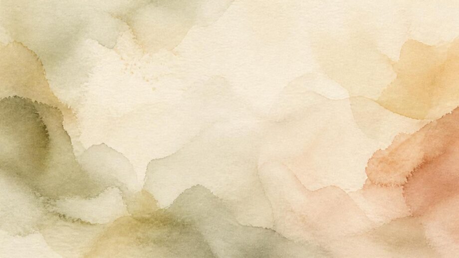 Abstract watercolor wash in muted sage, clay, sand, and ivory, with soft organic shapes and subtle paper texture.