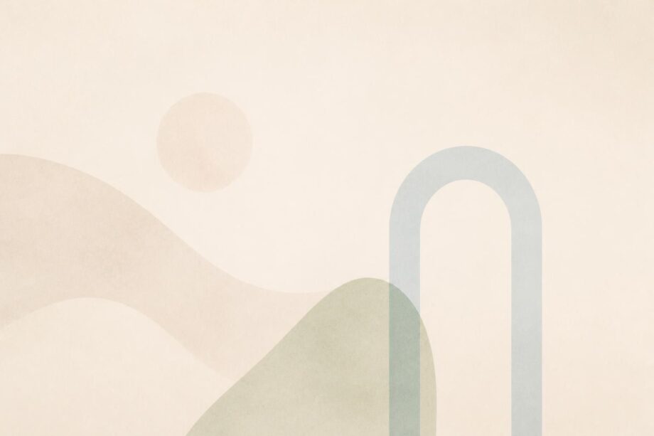 Subtle abstract shapes in muted sage, beige, and dusty blue on a warm ivory background.