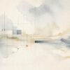 Abstract watercolor header in muted slate blue, warm gray, cream, and ochre. Faint grid lines and branching circuit-like paths blend with layered shapes that suggest industrial processes, while fluid pigment blooms soften the precise geometry. The composition is quiet and understated, with generous negative space and no people or text.