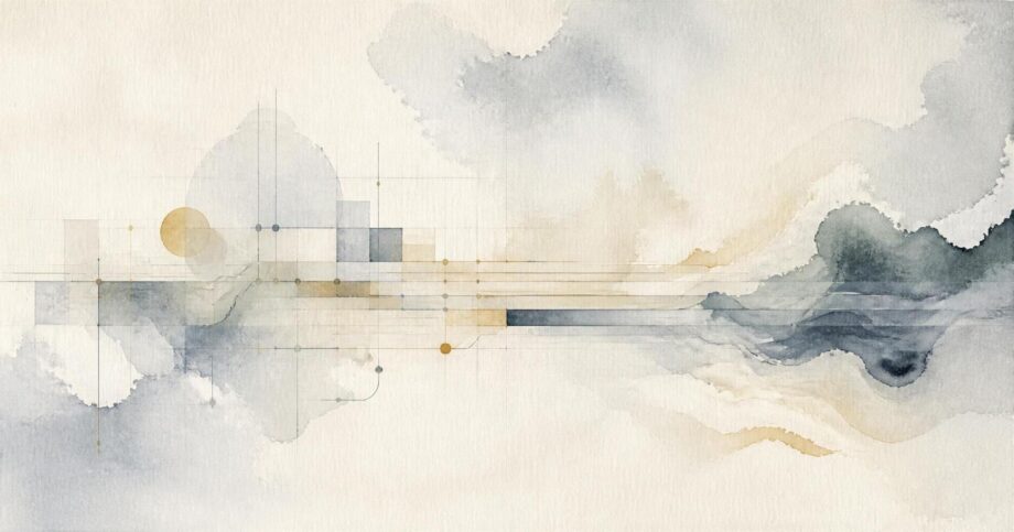 Abstract watercolor header in muted slate blue, warm gray, cream, and ochre. Faint grid lines and branching circuit-like paths blend with layered shapes that suggest industrial processes, while fluid pigment blooms soften the precise geometry. The composition is quiet and understated, with generous negative space and no people or text.