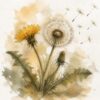 Loose watercolor botanical sketch of a dandelion in earthy tones, with jagged leaves, an ochre-yellow flower, a white seed head, and a few drifting seeds on softly textured paper.