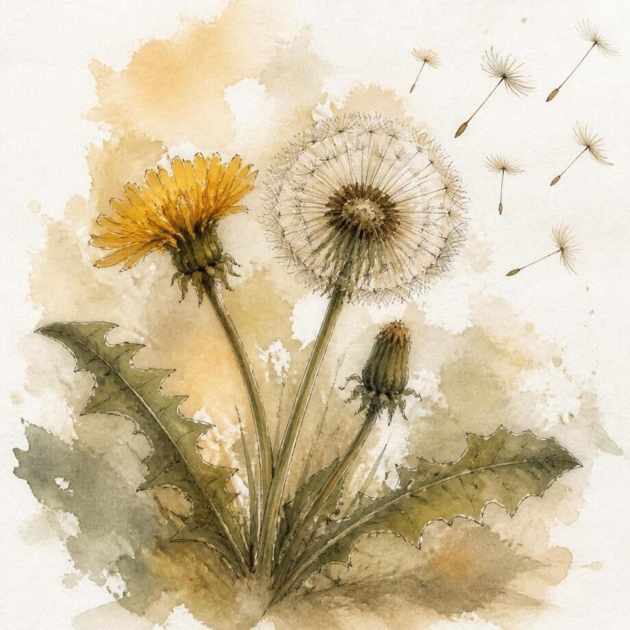 Story Time: A dandelion is me. Loose watercolor botanical sketch of a dandelion in earthy tones, with jagged leaves, an ochre-yellow flower, a white seed head, and a few drifting seeds on softly textured paper.