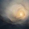 Abstract layers of indigo mist surround a soft golden light emerging from the center, evoking hidden clarity and Buddha-nature.