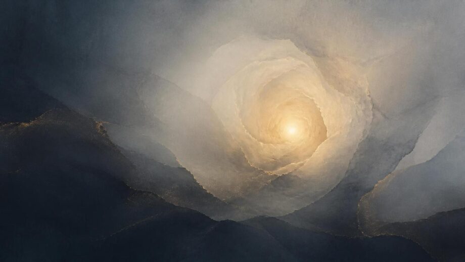Abstract layers of indigo mist surround a soft golden light emerging from the center, evoking hidden clarity and Buddha-nature.