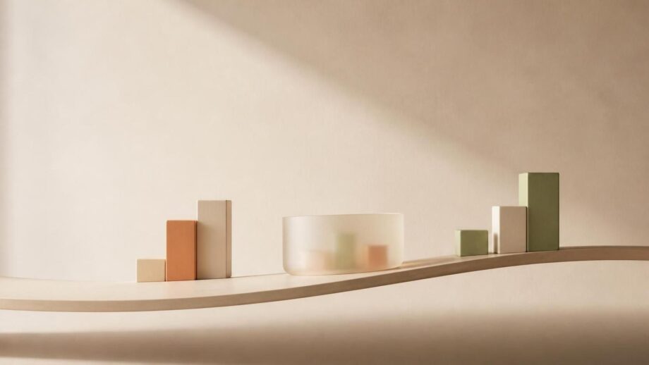 Abstract, minimalist illustration suggesting a grocery-store analogy: a softly curved shelf-like line, a few small muted-color blocks, and a translucent container shape arranged with ample negative space on a warm neutral background. Subtle gradients and diffused lighting create a calm, understated feel. No people, text, labels, or recognizable store items.