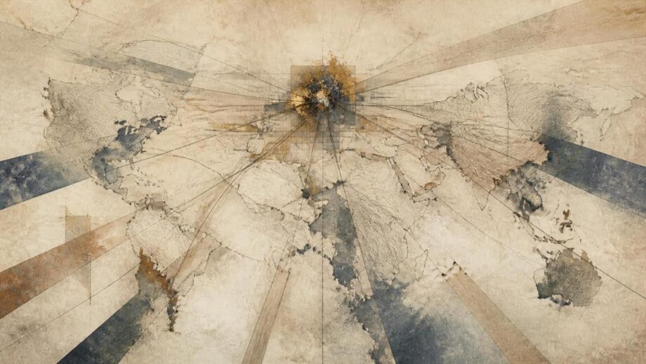 Abstract editorial illustration in muted parchment, charcoal, indigo, rust, and gold. Fine topographic lines suggest a fractured world map beneath thin dark threads and geometric channels that converge into a small, dense knot near the upper center. Broad, faint bands press inward from the edges, evoking concentrated power, extraction, and constraint. Subtle archival-paper texture and ample quiet space give the image a restrained, contemplative tone. No people or text.