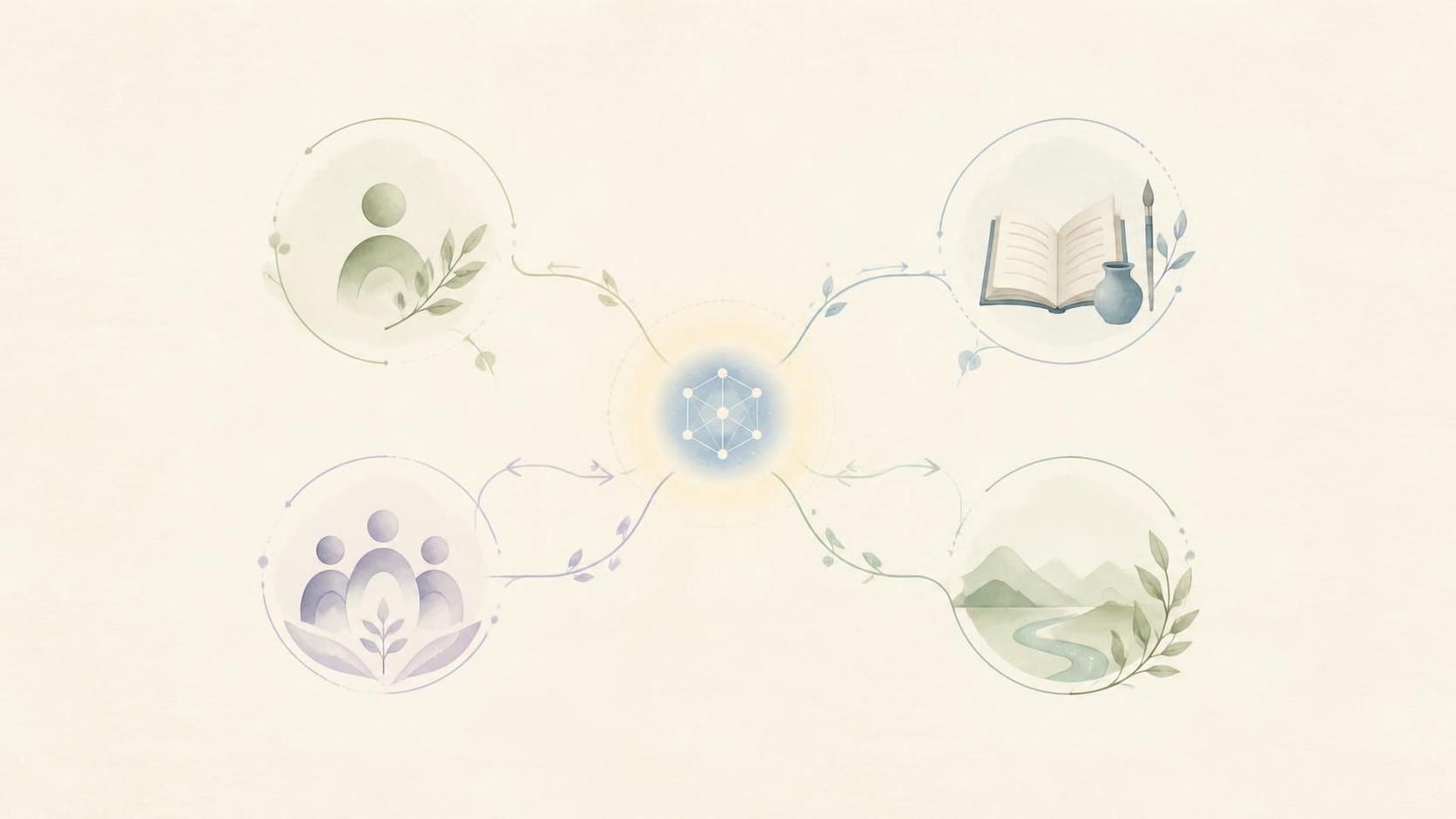 A minimalist editorial illustration on a warm off-white background shows a softly glowing central AI network node connected by delicate branching lines to simple abstract symbols for people, creative work, community, and nature. The open, balanced connections suggest reciprocal relationships and consent. Muted sage green, soft blue, and pale lavender accents, subtle paper texture, generous negative space, calm and optimistic mood.