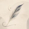 A delicate, abstract feather-shaped sigil formed from flowing, rhythmic curves, with a small star-like accent. Muted ink-blue and graphite lines with a subtle gold detail sit against a soft ivory, lightly textured background, evoking poetry and lyricism. No people or text.