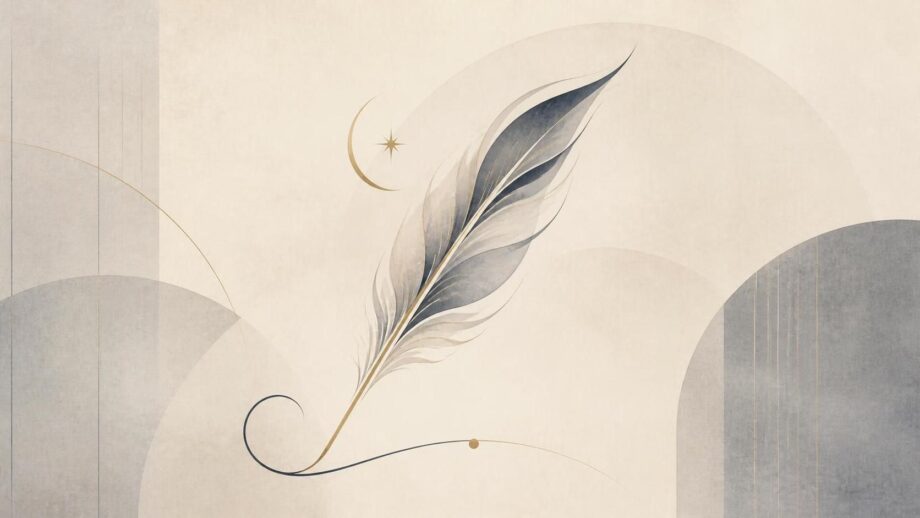 A delicate, abstract feather-shaped sigil formed from flowing, rhythmic curves, with a small star-like accent. Muted ink-blue and graphite lines with a subtle gold detail sit against a soft ivory, lightly textured background, evoking poetry and lyricism. No people or text.