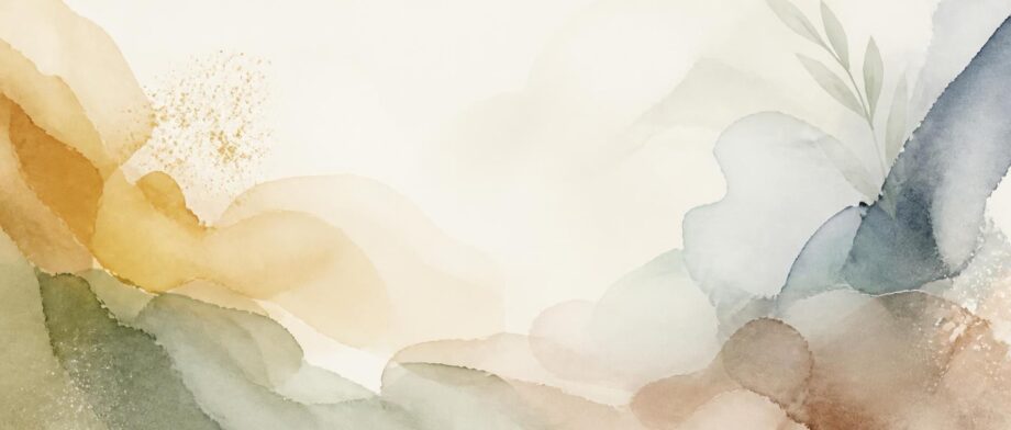 A soft watercolor wash featuring organic, flowing shapes in muted earth tones—ochre, sage green, dusty blue, and warm taupe blending into each other. Layered, translucent brushstrokes suggesting natural forms (perhaps abstract botanical or geological shapes) without any fully representational.