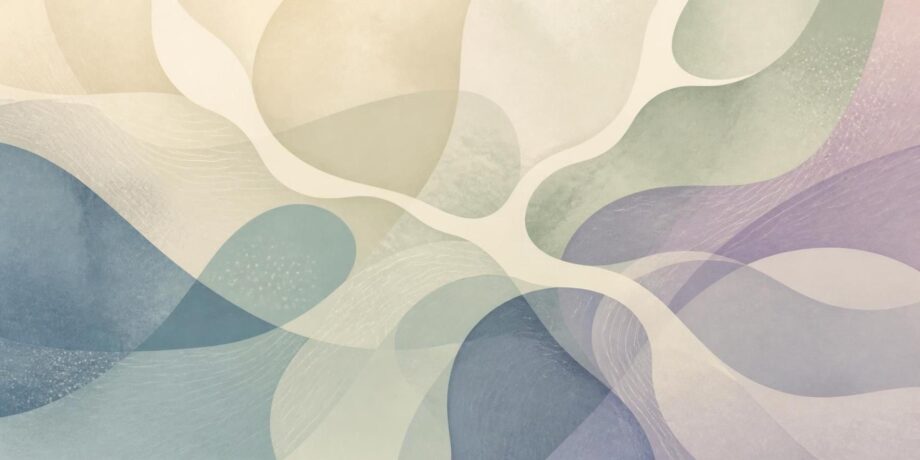 The 50% Responsibility of the Neuronormative Abstract panoramic illustration of softly overlapping translucent shapes and branching pathways in muted cream, sage green, dusty blue, and lavender, forming a balanced mosaic that suggests diverse perspectives coming together. No people or text.