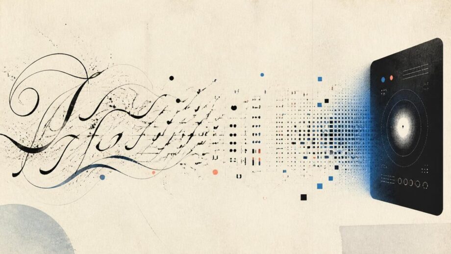 Abstract editorial illustration in a wide landscape format. Luminous, elegant letter-like marks flow across a warm ivory background, gradually breaking apart into simpler symbols and digital pixels as they approach a sleek, ambiguous AI interface. The imagery suggests human language becoming fragmented through reliance on AI. The restrained palette combines ink black, muted cobalt blue, and a small coral accent, with tactile printmaking textures and subtle digital glitches. No readable text or logos.