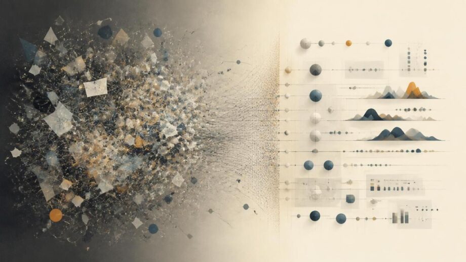 Abstract editorial illustration of rough data analysis awaiting refinement. A dense, chaotic cloud of tiny geometric fragments, tangled lines, translucent chart-like shapes, and irregular clusters gathers on the left. The elements pass through a subtle central sorting field and become more orderly—but remain unfinished—on the right. Muted charcoal, ivory, dusty blue, and amber tones create a layered, thoughtful technology aesthetic. No people or text.