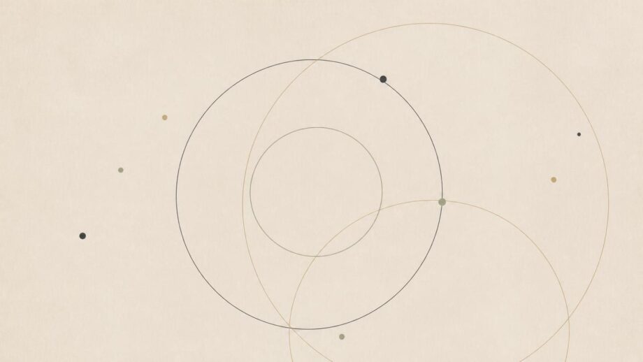 From Human Rights to Cosmic Context: Rethinking Universality in an Evolutionary Universe Minimal abstract illustration with a few delicate, irregular concentric rings and tiny varied dots, some rings overlapping and intersecting. The sparse shapes sit against a warm off-white background, accented with muted charcoal and soft sage. The composition suggests interconnected living systems and cosmic scale, with a calm, understated editorial style. No text or recognizable objects.