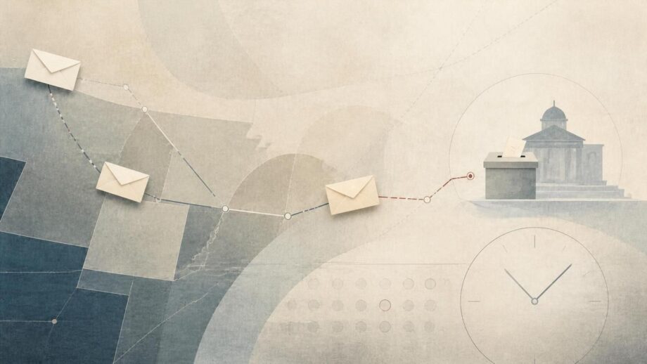 Abstract editorial image in warm ivory, slate blue, and soft gray, with a small accent of muted red. Cream-colored envelopes travel along fine lines across a simplified map-like landscape toward a ballot box and civic building. A faint clock-like motif suggests mailing deadlines. The minimal, paper-textured composition is calm and nonpartisan, with no readable text or political logos.