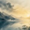 A subtle watercolor landscape of misty mountains reflected in a still lake at dawn. A shadowy form in the clouds fades into warm golden light, with a small lotus in the foreground, suggesting inner transformation and balance.