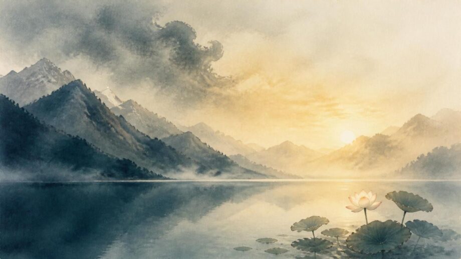 A subtle watercolor landscape of misty mountains reflected in a still lake at dawn. A shadowy form in the clouds fades into warm golden light, with a small lotus in the foreground, suggesting inner transformation and balance.